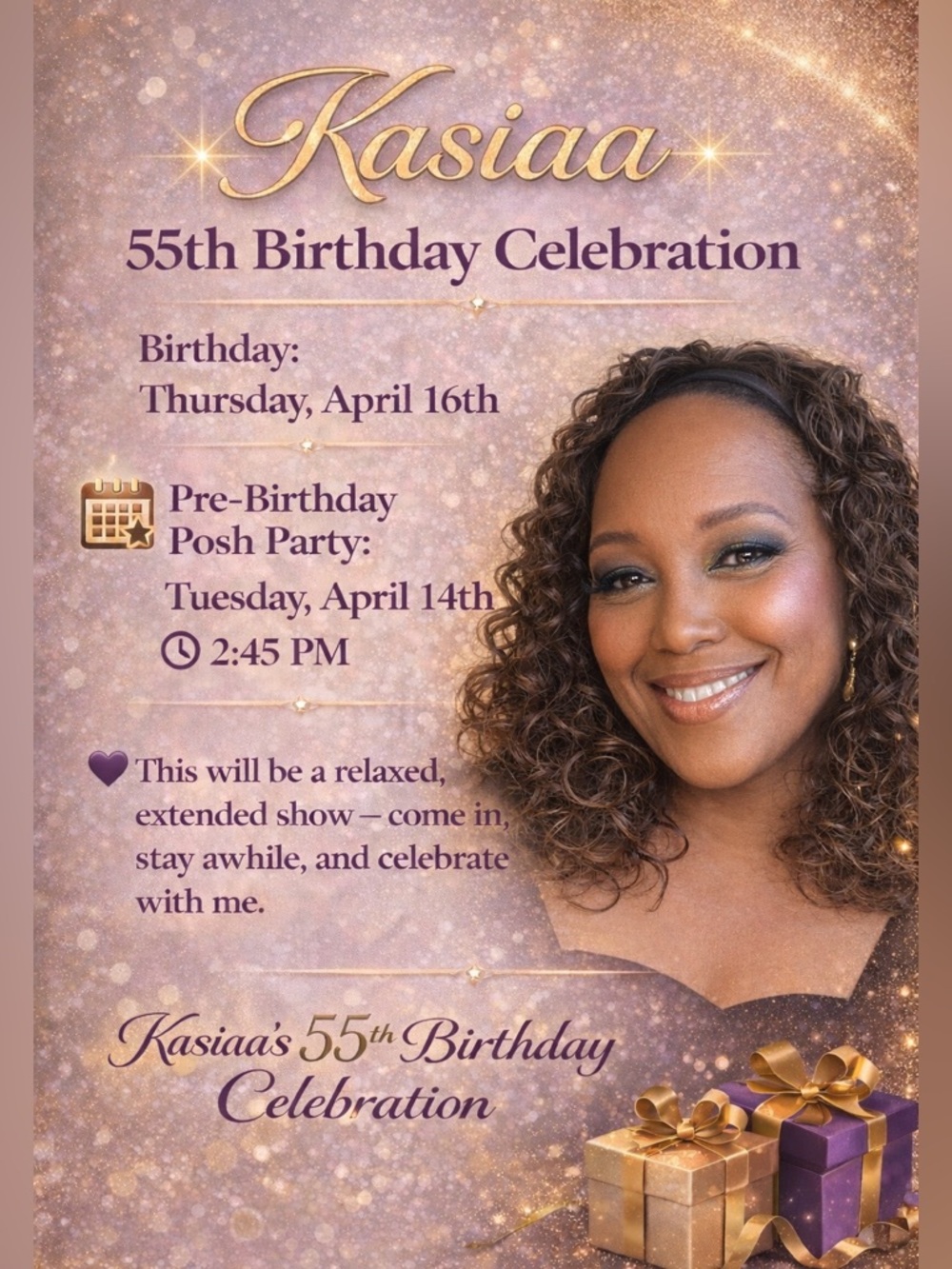 55th Birthday Celebration Invitation - Gold & Purple Sparkle